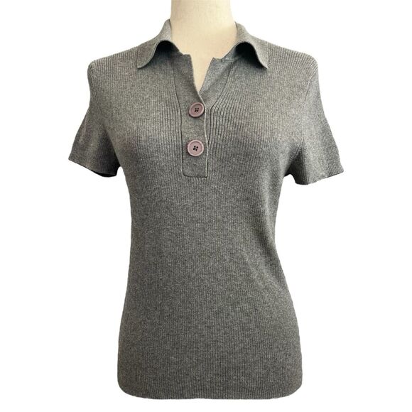 Ann Taylor Tenniscore Ribbed Cotton Top Size L Gray Collared Old Money Preppy - Picture 1 of 10